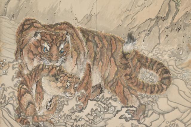Image of 水辺群虎図屏風 by Ganku