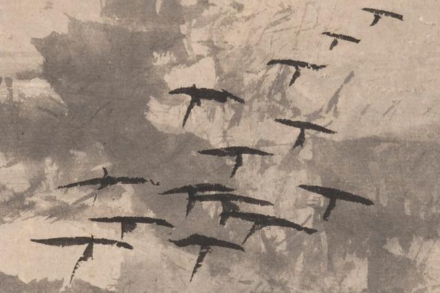 Ink painting of numerous black lines forming 'T' shapes in a diagonal grouping from lower left to upper right, over an unevenly applied wash of gray ink.