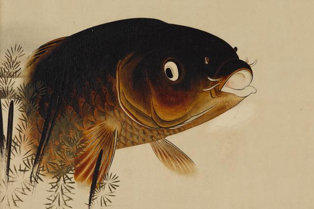 An ink and color painting of a carp underwater, with the water presenting as blank space against a beige canvas. The fish is emerging from the left edge of the painting, colored a dark brown in a gradient of color lightening towards its belly where you an see some delicately painted scales. Under it on the left is some sparse plantlife, which also emerges from the bottom of the painting pointing upward.