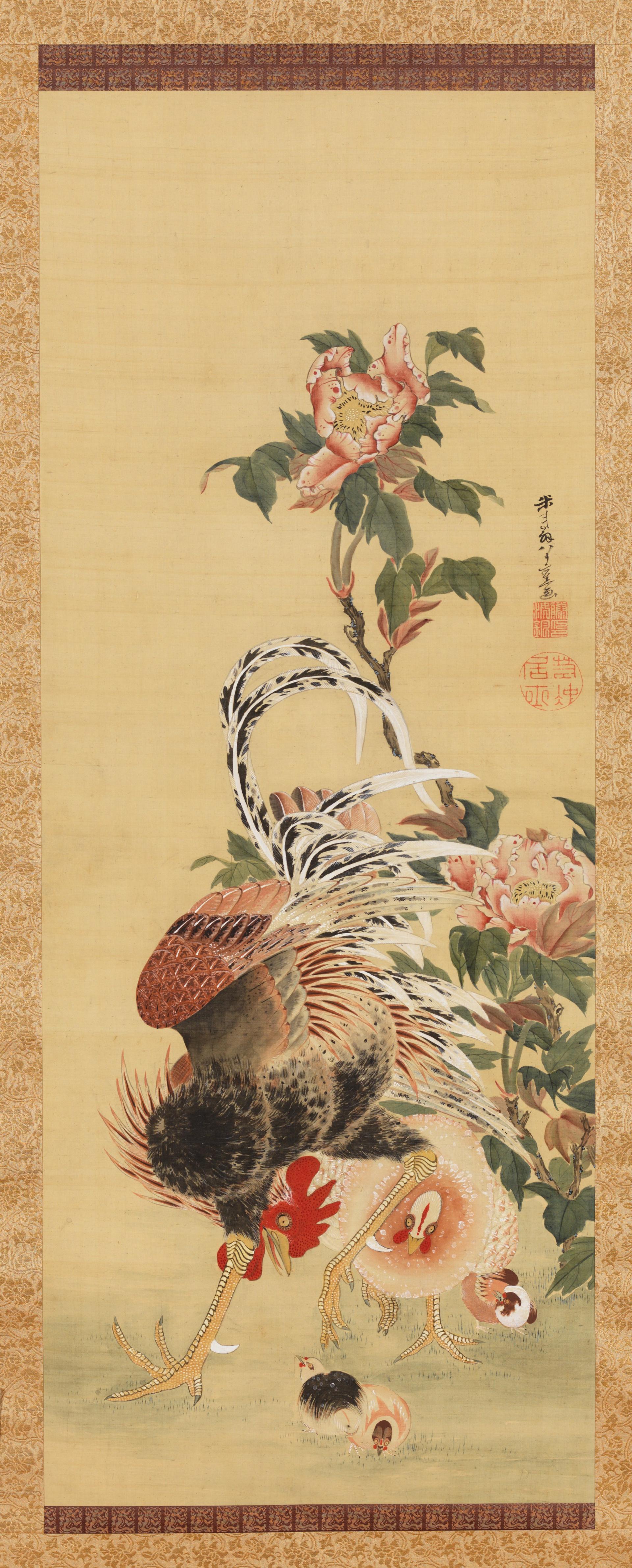 Colour painting of a rooster and a chicken looking down at their chicks by the roosters feet; the rooster has long, curving tailfeathers of black and white. A peony plant with pink petals blooms from the lower right into the upper center of the painting above the rooster. A rectangular border of a golden-colored textile surrounds the entire painting.
