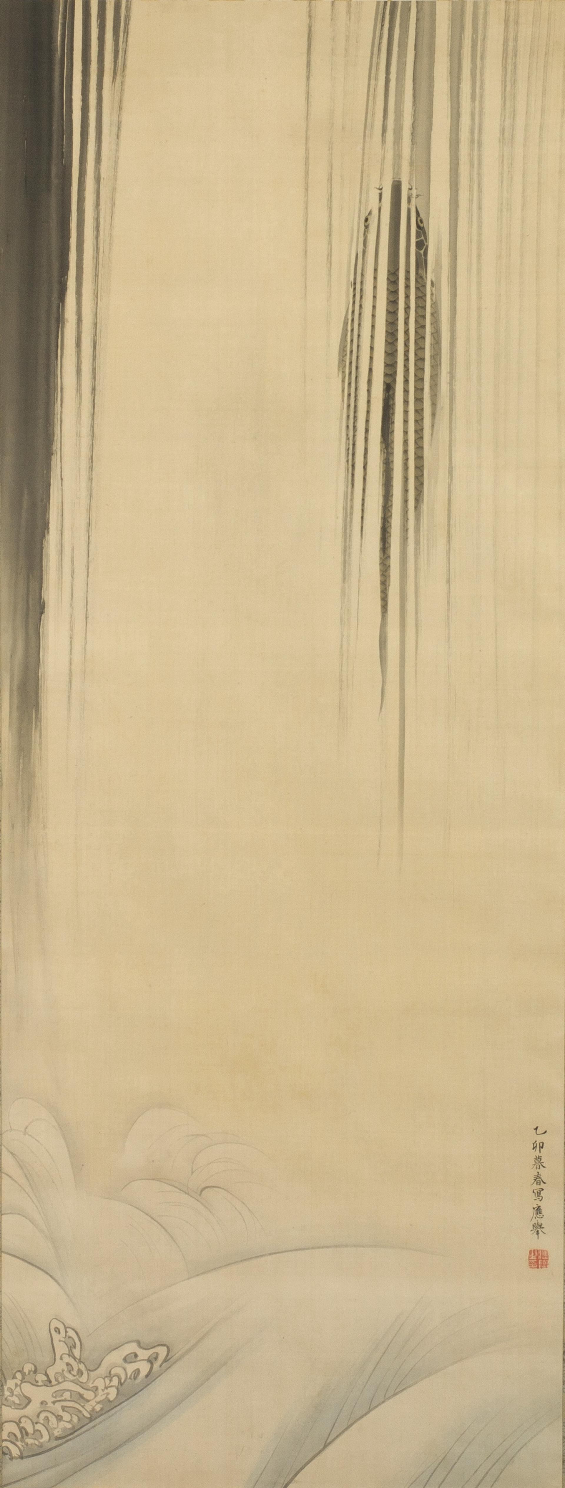 Narrow, vertical format painting showing a fish from above in the upper right, with black streaks indicating water painted vertically at intervals across the top of the painting. Blue waves and frothy water in the lower part of the painting.