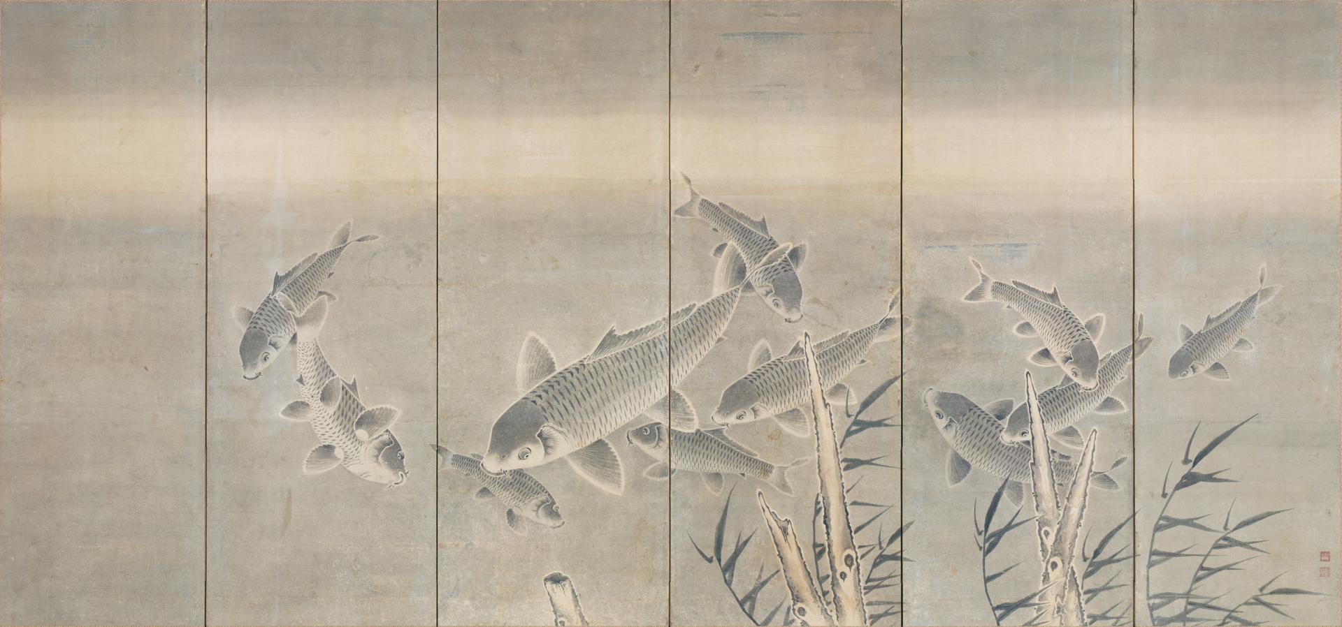 Painting formed from six narrow vertical panels showing fish of various sizes seen from above as if swimming in water, mostly in shades of black ink, with a dark green color used to depict leaves of water plants in the lower right. The fish are concentrated in a horizontal band in the center of the painting.