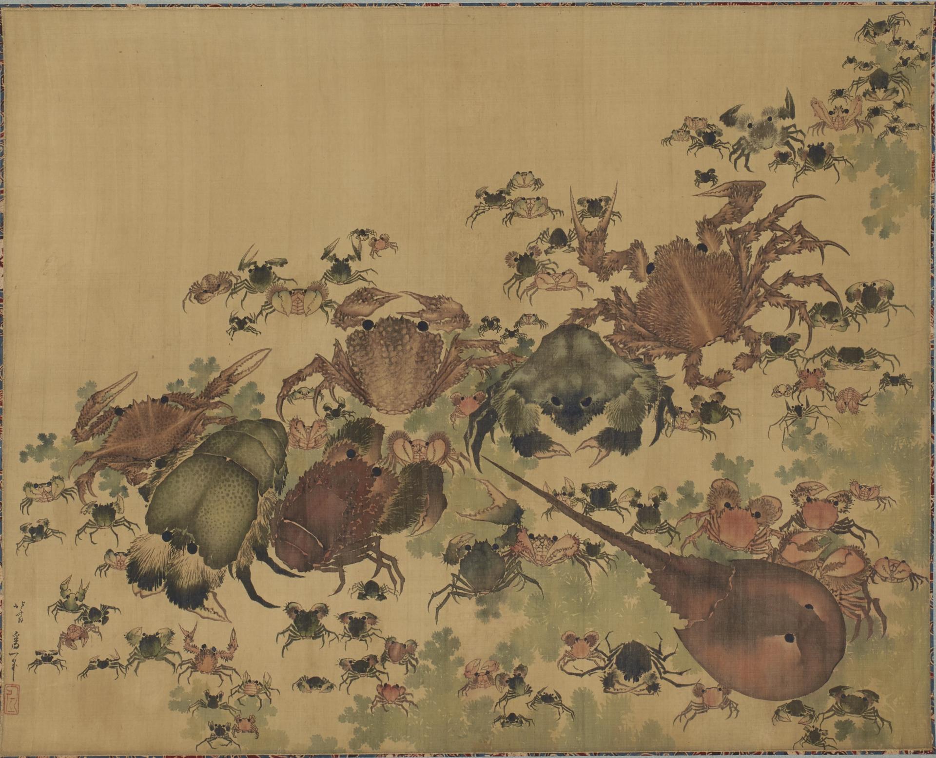 Color painting showing many crabs and other crustaceans of different colors and sizes, facing in different directions, concentrated in half off the image area from the lower left to the upper right. Background is mostly blank, with some green-colored plants visible behind the crustaceans in the inhabited section. An extremely thin rectangular border of patterned textile surrounds the image on all sides.