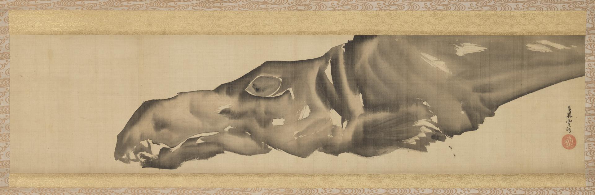Narrow, horizontal format ink painting of a sea creature's head and upper body in profile, facing to the left, entering the image from the upper right. The creature is formed from an inky wash, with one visible eye, and several pointed teeth, with one fin visible on the lower part. A thin, rectangular border of textile in two layers surrounds the image on all sides.