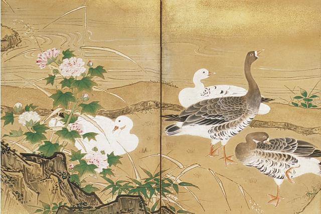 Image of 刈田に牡丹芦雁図屏風 by Kanō School
