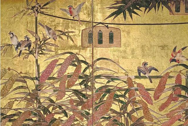 Image of 竹林粟穂に群鳥図屏風 by Unkoku School