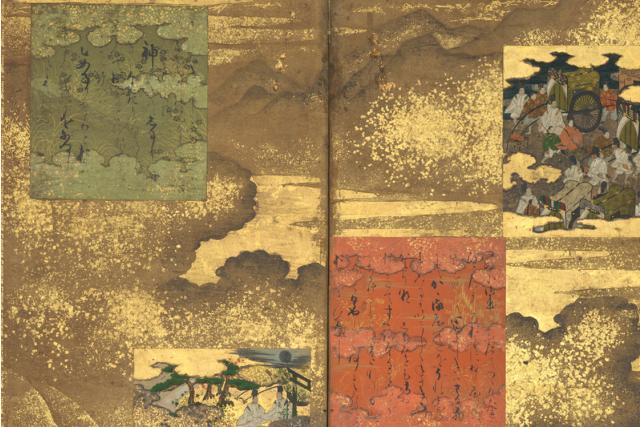 Image of 源氏物語図色紙貼交屏風 by Tosa School