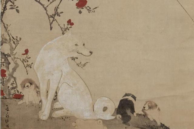 Image of 薔薇に狗子図 by Nagasawa Rosetsu
