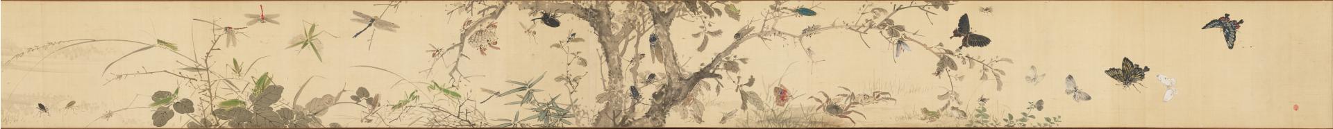 Long, narrow format horizontal color painting of insects on various other plants mostly concentrated towards the center of the image. Two larger branches grow vertically in the center, with other vegetation on either side, against a blank background. A wide variety of insects, such as butterflies on the right and dragonflies on the left, with bugs, ants, and other flying insects in the center.