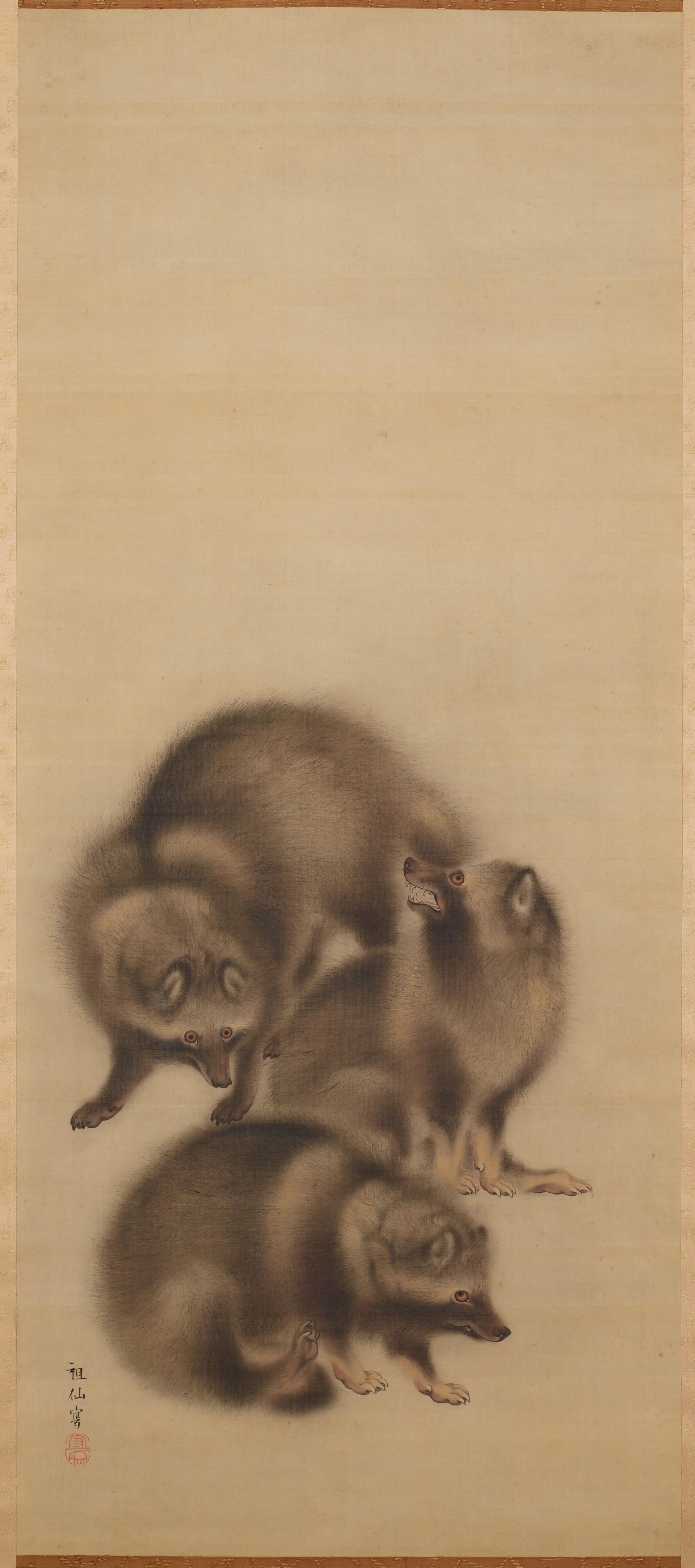 Vertical format color painting with three brown racoons in the lower half, against a blank background. The racoons, each in a different posture, have very finely executed fur of individual hairs, and yellow-golden colored eyes.