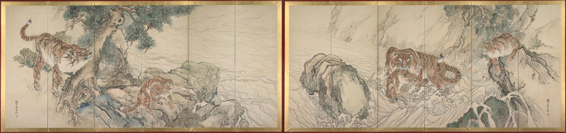 Color painting formed from a pair of screens arranged horizontally side-by-side, each with six, narrow vertical panels, of tigers crossing a turbulent stream in the center. The tigers are gathered on rocky outcroppings on either side of the image, covered in green vegetation and pine trees. An adult tiger on the right crosses the water with a tiger cub in its mouth, another cub on the bank to the right, and two larger cubs on the left side bank. A thin, gold rectangular border surrounds each screen on all sides.