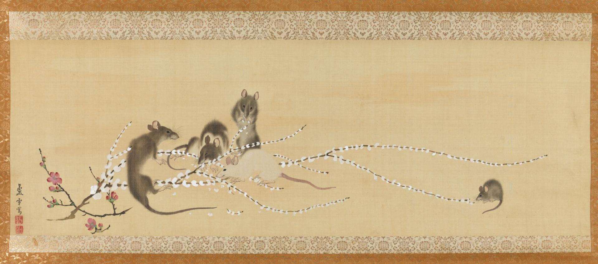 Long, narrow format horizontal color painting of five mice, four brown and one white, eating a white substance growing in round balls on a thin branch that extends horizontally from left to right across the center of the image, on a blank background. Several red blossoming buds on the branch at the lower left. Four of the mice are on the left side of the image, with the smallest brown mouse eating from an extremity of a branch on the far right. A thin, rectangular border of textile in two layers surrounds the image on all sides.