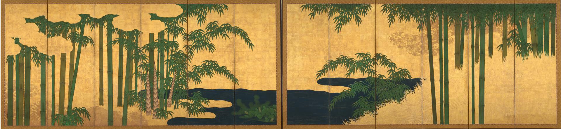 Color painting formed from a pair of screens arranged horizontally side-by-side, each with six, narrow vertical panels, of bamboo plants, with tall bamboo trunks on either side, around a dark blue body of water in the center surrounded by leafy bamboo plants. The background is mostly solid gold, with gold clouds in the upper left. A thin rectangular border of golden textile surrounds each screen on all sides.