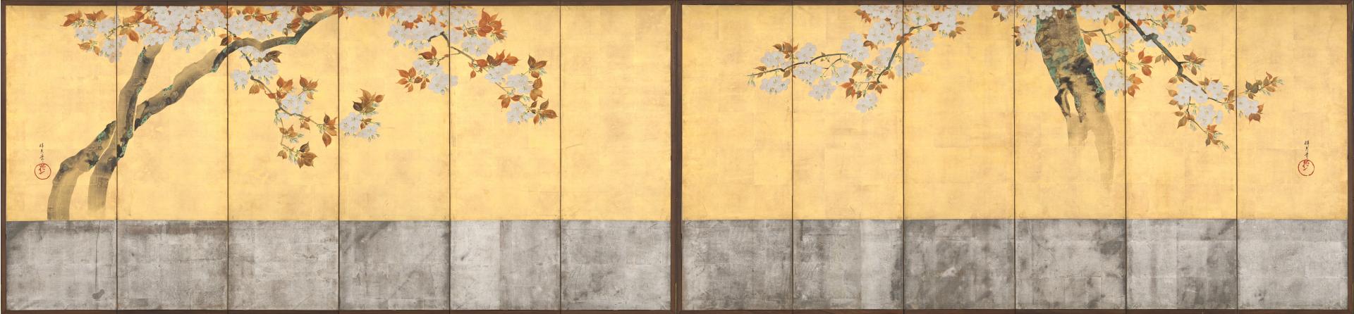 Color painting formed from a pair of screens arranged horizontally side-by-side, each with six, narrow vertical panels, of two trees with white blossoms and reddish leaves, one on each side, with the upper parts of the trees cropped out of frame. The background is solid gold, except a band of solid silver along the lower register.