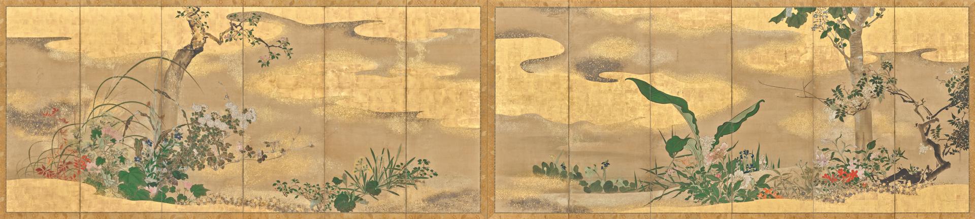 Color painting formed from a pair of screens arranged horizontally side-by-side, each with six, narrow vertical panels, of leafy plants and flowers growing from a low, golden groundplane, with a single tall tree trunk and its lower branches on each screen. Solid gold clouds surrounded by gold dust in the background. A thin rectangular border of golden textile surrounds each screen on all sides.