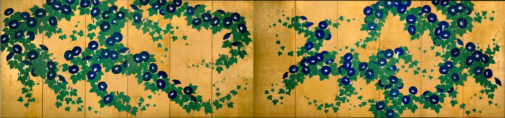 Color painting formed from a pair of screens arranged horizontally side-by-side, each with six, narrow vertical panels, of large, dark blue flowers with white centers, surrounded by trailing green leaves of a trifoliate shape, against a solid gold background.