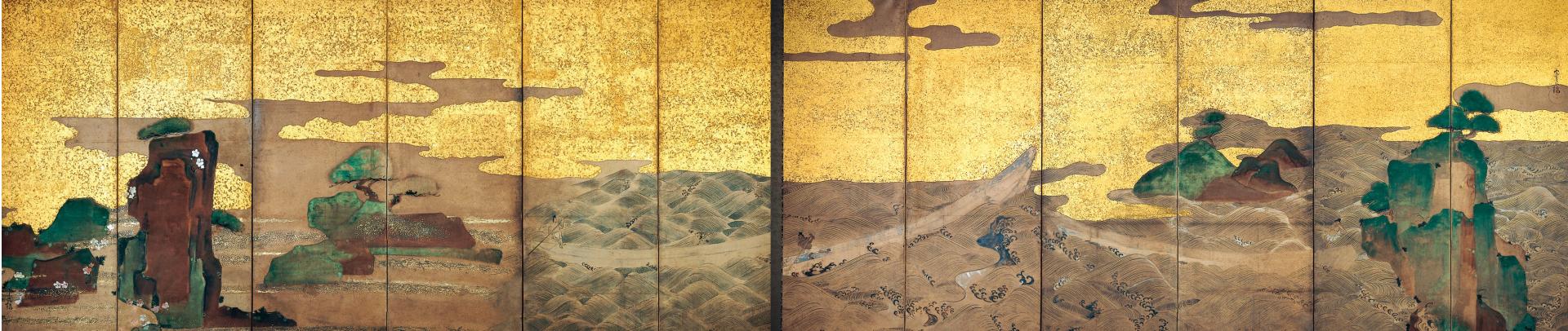Color painting formed from a pair of screens arranged horizontally side-by-side, each with six, narrow vertical panels, of green and brown landmasses on the right and left sides of the composition, emerging from a turbulent sea with waves depicted in blue and white. Three narrow boats, two on the right screen and one on the left, each have a single figure with an oar at one end. The upper half of the image is dominated by a gold background with irregular edges, resembling clouds.
