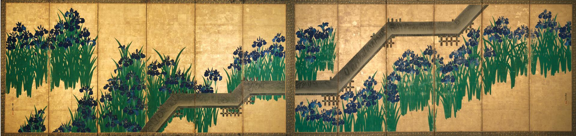 Color painting formed from a pair of screens arranged horizontally side-by-side, each with six, narrow vertical panels, of irises, with dark blue flowers and green stems, growing in a diagonal from lower left towards the upper right on each screen, against a solid gold background. A small cluster of irises on the left side of the left screen. A thin, angular brown shape zig-zags across the composition from the lower center of the left screen to the upper center of the right screen. A thin rectangular border of green and gold textile surrounds each screen on all sides.