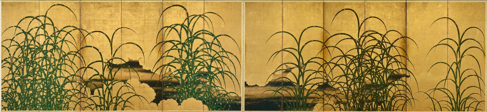 Color painting formed from a pair of screens arranged horizontally side-by-side, each with six, narrow vertical panels, of long, green grasses with curving leaves growing upwards from the lower edge against a background of solid golden clouds. An area of hazy gold and bands of dark blue is visible through the clouds in the lower center of the composition, continuous across both screens. A thin rectangular border of gold textile surrounds each screen on all sides.