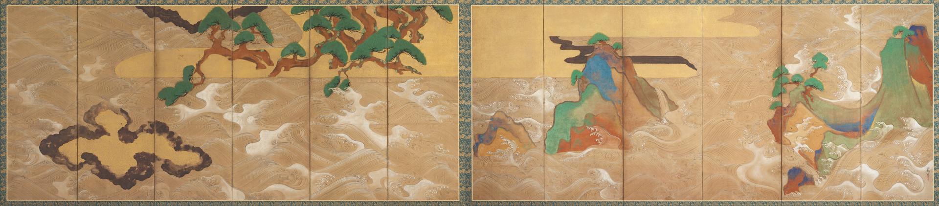 Color painting formed from a pair of screens arranged horizontally side-by-side, each with six, narrow vertical panels, of rocky outcroppings on the right screen and a pine tree in the upper register of the left screen, all emerging from turbulent waves depicted in white pigment. The rocks are colored with brown, green, and blue pigments, with small pine trees on top. Two irregular solid gold shapes with partial black outlines, a smaller one in the lower left and a larger one in the center of the upper register, spanning across both screens. A thin rectangular border of blue and gold textile surrounds each screen on all sides.