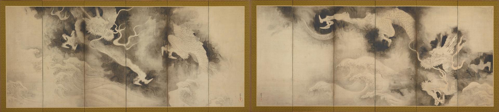 Ink painting formed from a pair of screens arranged horizontally side-by-side, each with six, narrow vertical panels, of two dragons among dark ink clouds, one on each screen, with turbulent waves along the lower register. A thin, gold rectangular border surrounds each screen on all sides.