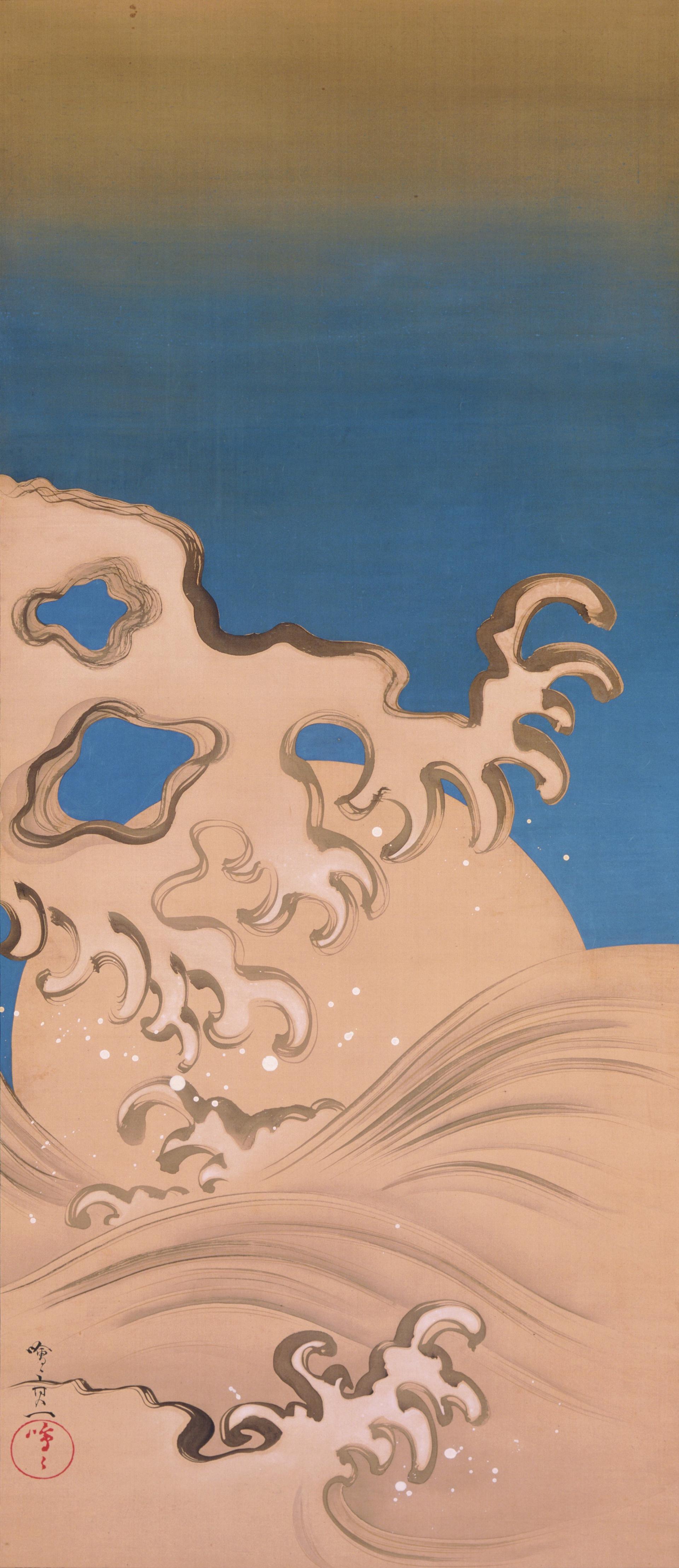 Color painting of stylized waves with frothy tips in loose brushwork against a blue background, with a band of gold in the upper register. A large white circle partially visible behind the wave in the lower center.