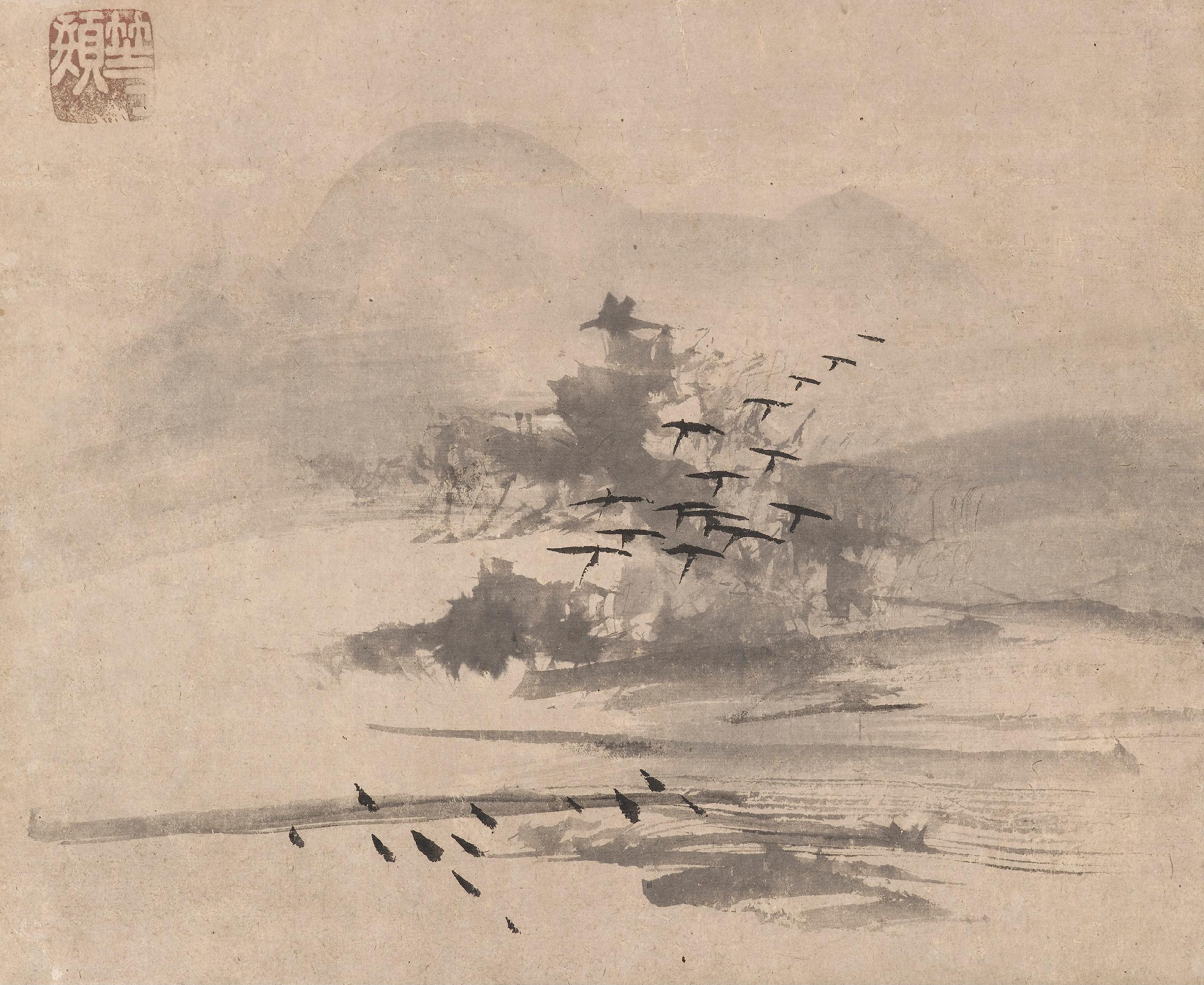Ink painting of numerous black lines forming 'T' shapes in a diagonal grouping from lower left to upper right, over an unevenly applied wash of gray ink.
