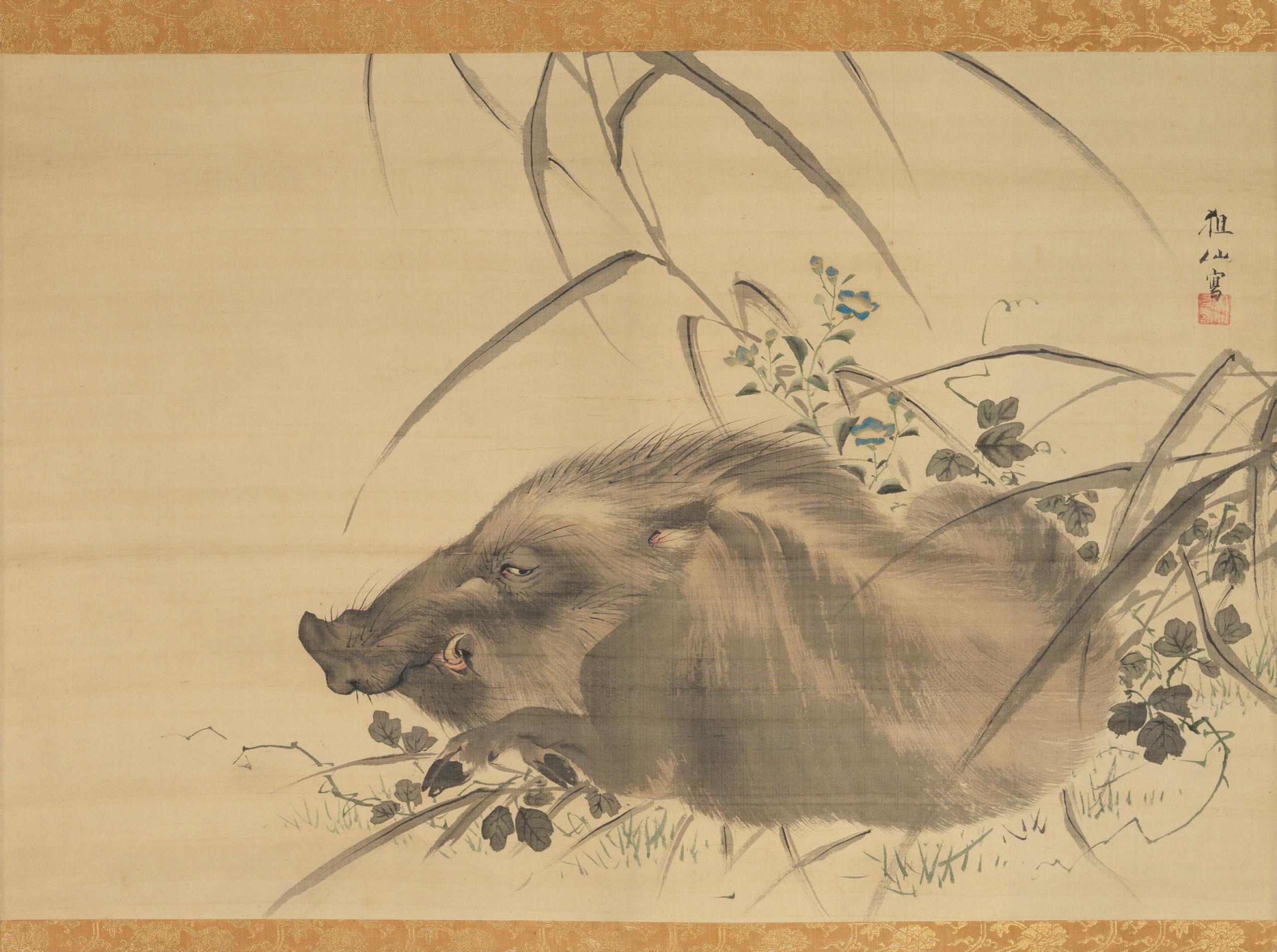 A color painting of the head of a wild boar, seen from the side, with the boar looking to the viewer's left. The single visible eye looks back towards the direction of its body. The board is seated on a variety of autumn grasses.