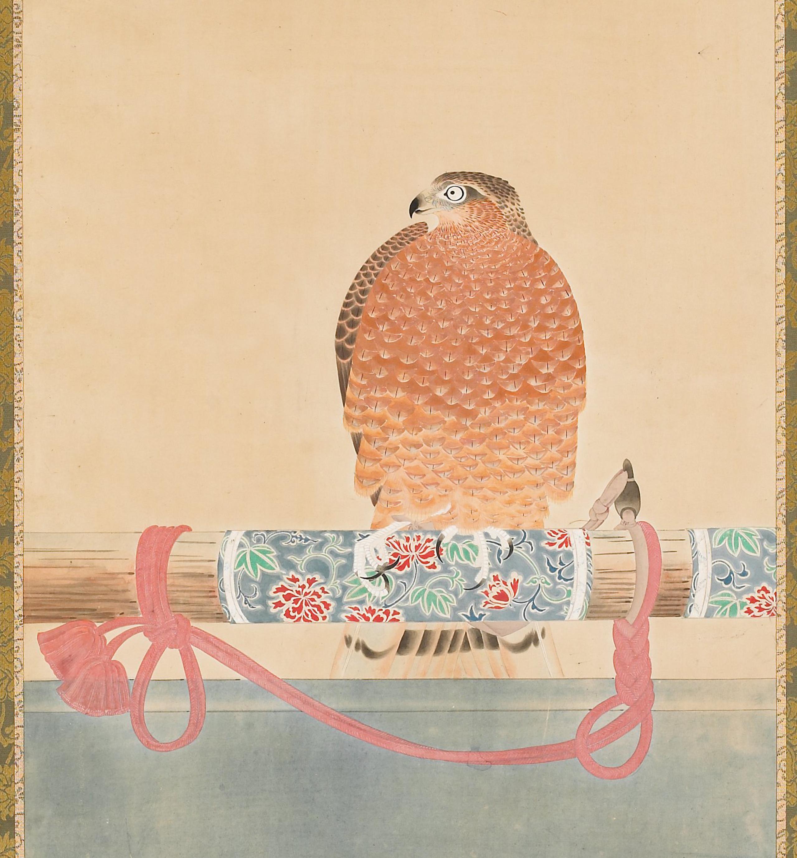 A color painting of a hawk, puffed up and displaying delicate orange and brown feathers. The hawk is looking to the left, and it sits on a branch that is decorated with a blue fabric with red flower patterns. A pale pink tassel is attached to the hawk's foot.