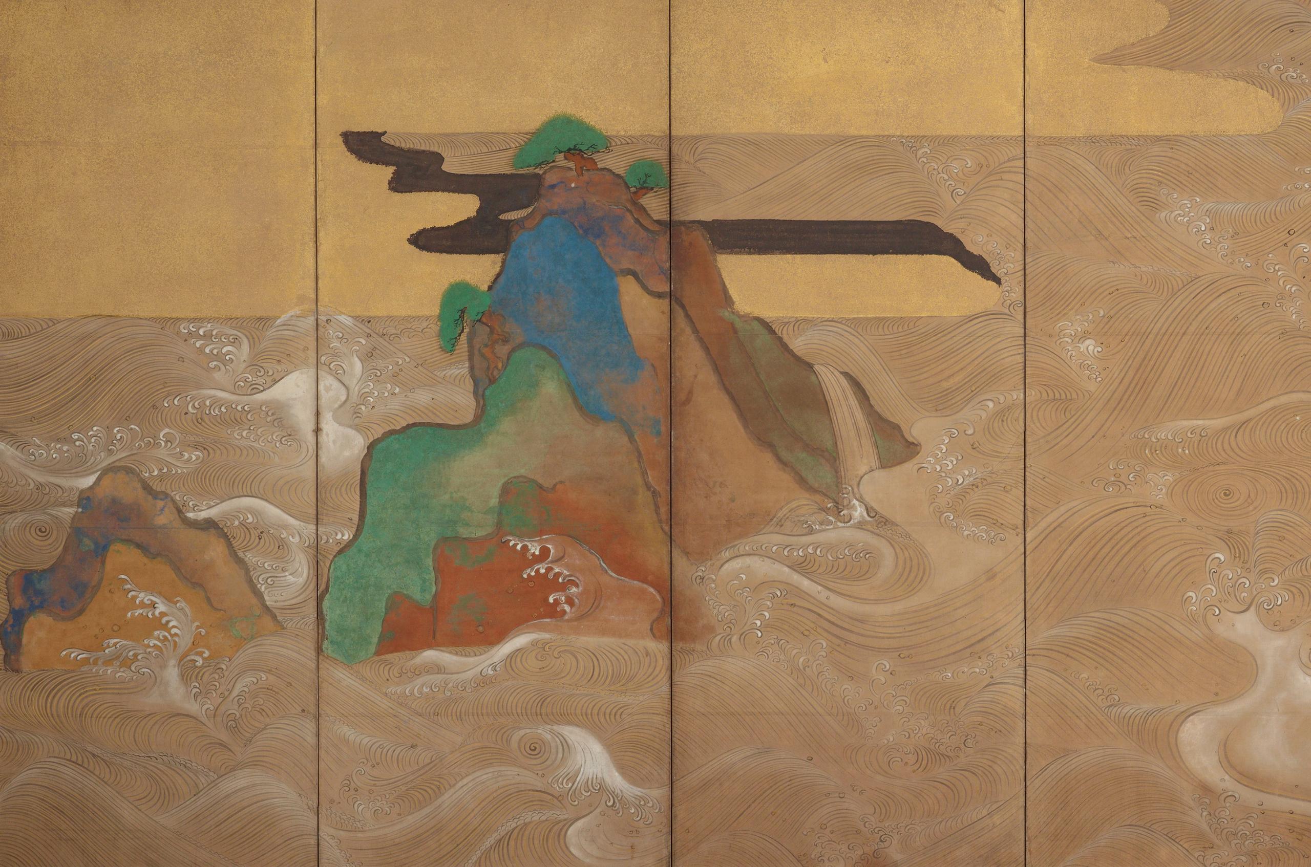 Color painting of green and brown landmasses emerging from a turbulent sea with waves depicted in blue and white. The upper half of the image is dominated by a gold background. Three equally spaced thin vertical lines divide the painting into four sections.