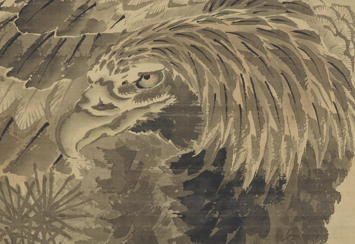 An ink painting of an eagle, viewed close up to focus on its head. The feathers and other features are rendered in rough brush strokes and it gazes up intensely.