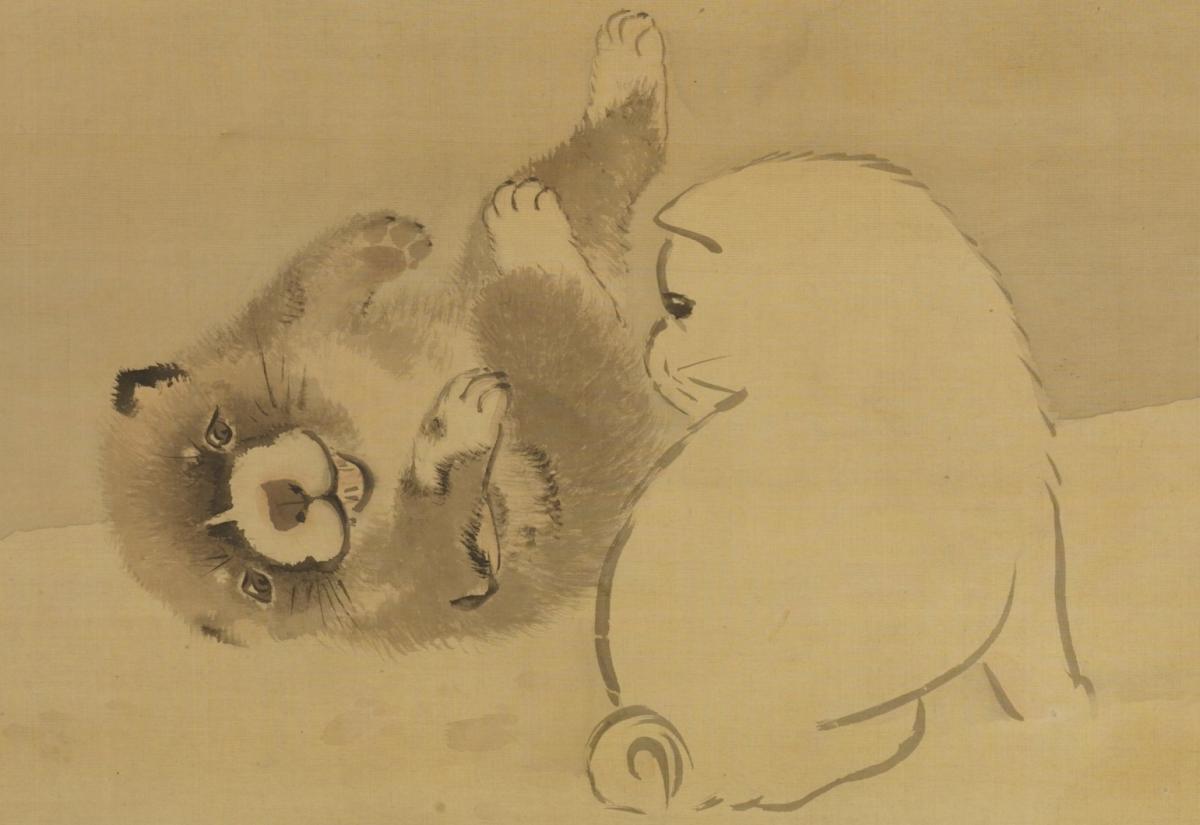 A closeup of an ink painting of two small and round puppies playing. A darker brown puppy rolls onto its back and gazes up playfully at a white puppy, which has its back turned to the viewer as it looks at its friend.