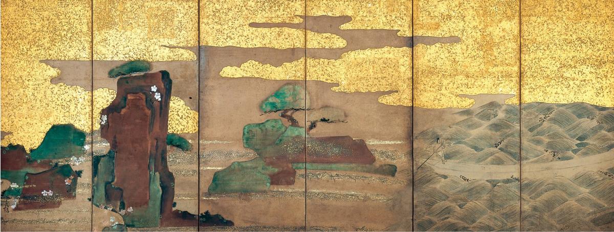 A six panel screen depicting mountains and boats on the ocean. The first four panels from the left show tall brown mountains rendered in brown and green, while the last two panels are light blue waves with boats on them. There are bright, golden clouds stretched out across the panels.